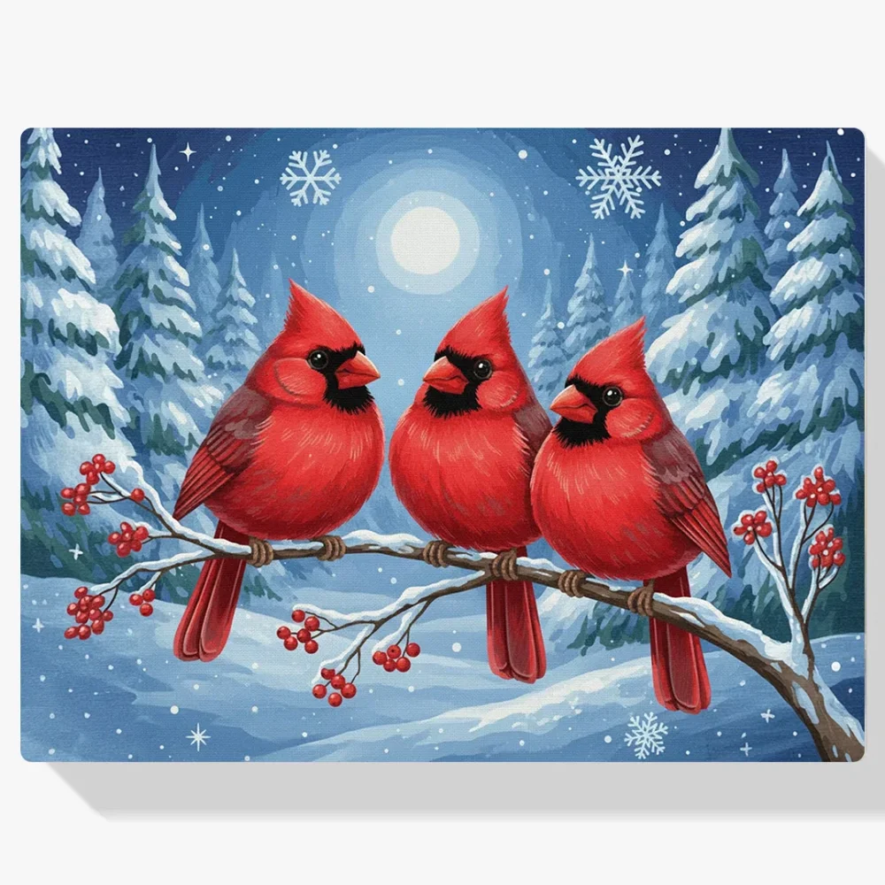 Pintura Diamante - Pájaros cardenales en una rama escarchada