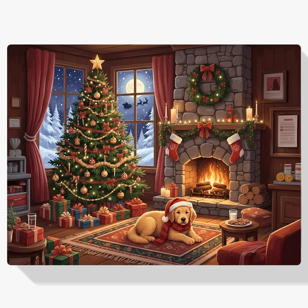 Pintura Diamante - Perro esperando a Papá Noel junto a la chimenea