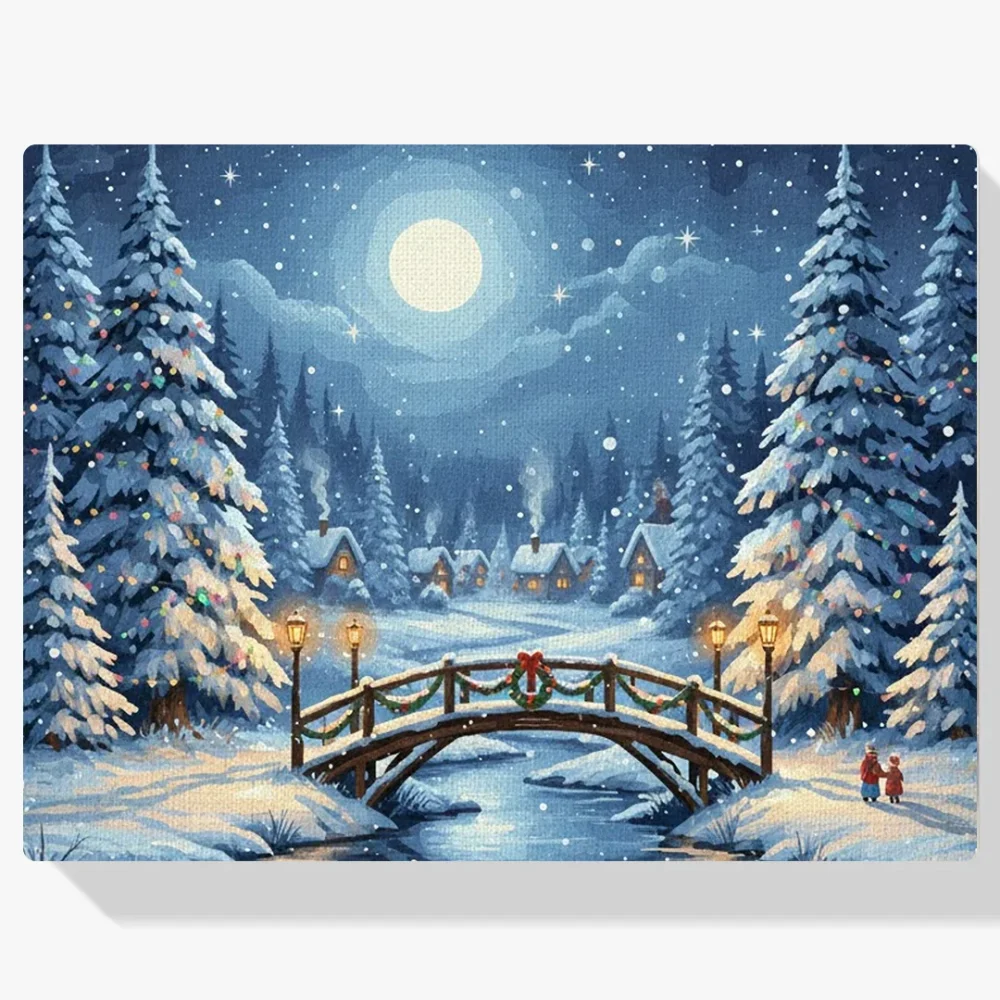 Pintura Diamante - Puente nevado con linternas navideñas