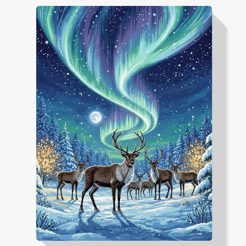 Pintura Diamante - Renos bajo la aurora boreal